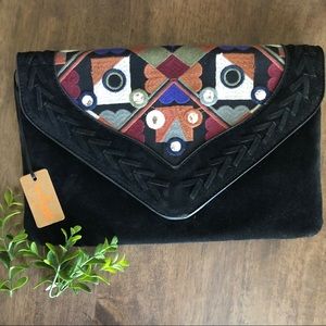 NWT Black Suede Embroidered Clutch